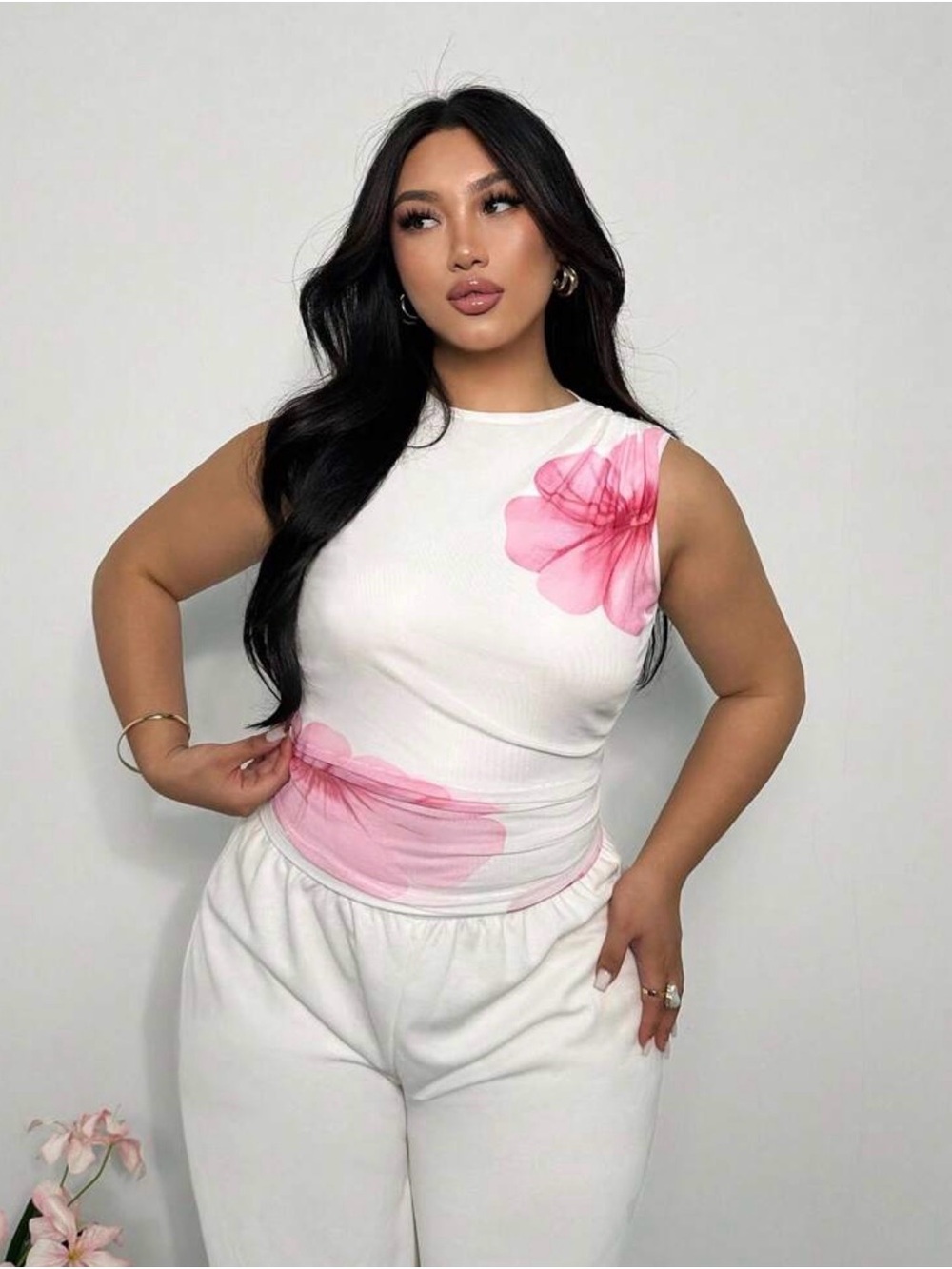 White Sleeveless Tank with Pink Floral Print